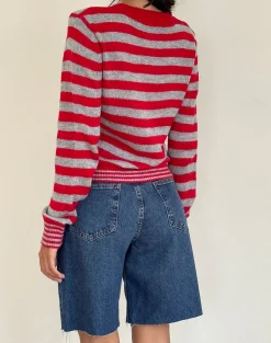 Motel Rocks Co-Ords | Cardigans-Henidar Cardigan in Red and Grey Stripe with Cherry Emb