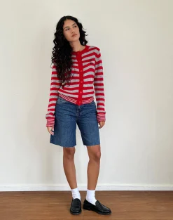 Motel Rocks Co-Ords | Cardigans-Henidar Cardigan in Red and Grey Stripe with Cherry Emb