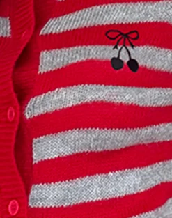 Motel Rocks Co-Ords | Cardigans-Henidar Cardigan in Red and Grey Stripe with Cherry Emb