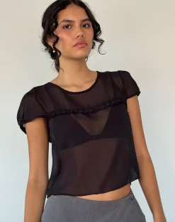 Motel Rocks Shirts And Blouses | Going Out Tops-Henrietta Frill Blouse in Black Chiffon