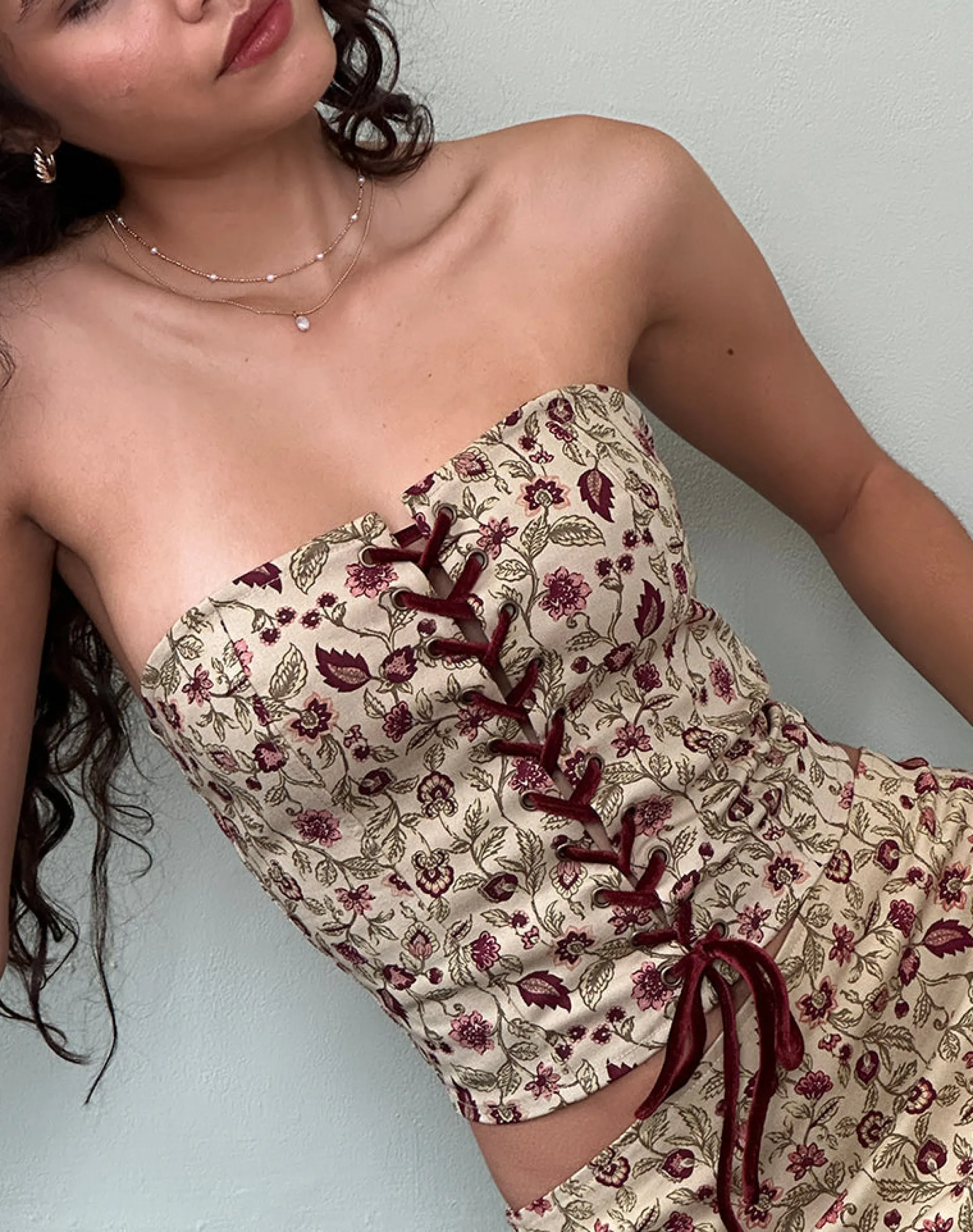 Motel Rocks Co-Ords | Printed Tops-Heska Corset Top in Botanical Taupe BotanicalTaupe