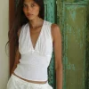 Motel Rocks Co-Ords-Hevalis Plunge Shirred Top in Poplin White PoplinWhite