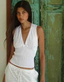 Motel Rocks Co-Ords-Hevalis Plunge Shirred Top in Poplin White PoplinWhite