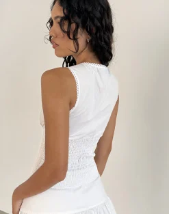 Motel Rocks Co-Ords-Hevalis Plunge Shirred Top in Poplin White PoplinWhite