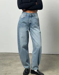 Motel Rocks Wide Leg Pants | Jeans-High Rise Barrel Jean in Bleu