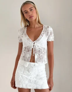 Motel Rocks Co-Ords | Crop Tops-Hillary Tie Top in Textured Floral White