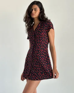 Motel Rocks Printed Dresses | Day Dresses-Holmana Mini Dress in Strawberry Polka Black