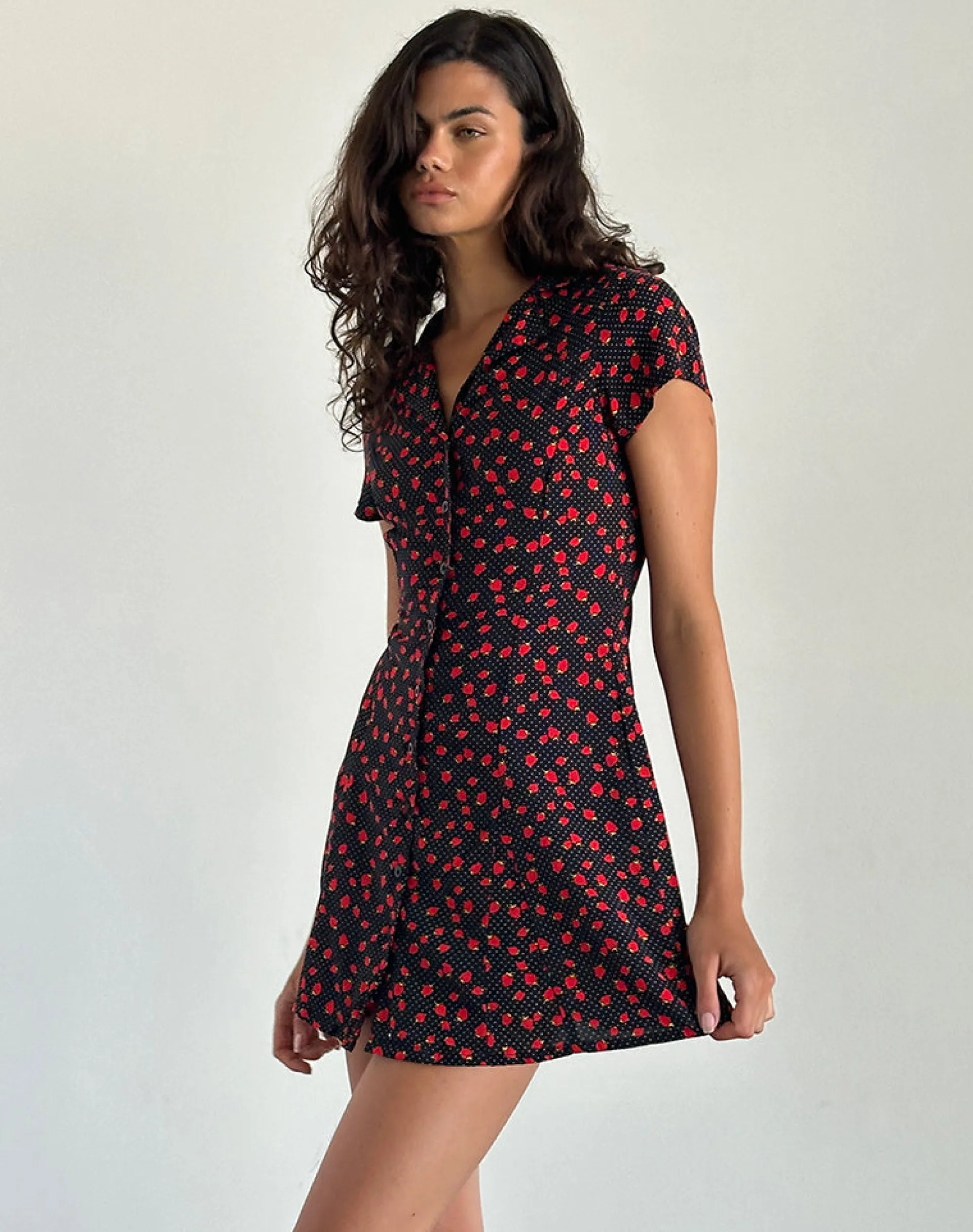 Motel Rocks Printed Dresses | Day Dresses-Holmana Mini Dress in Strawberry Polka Black