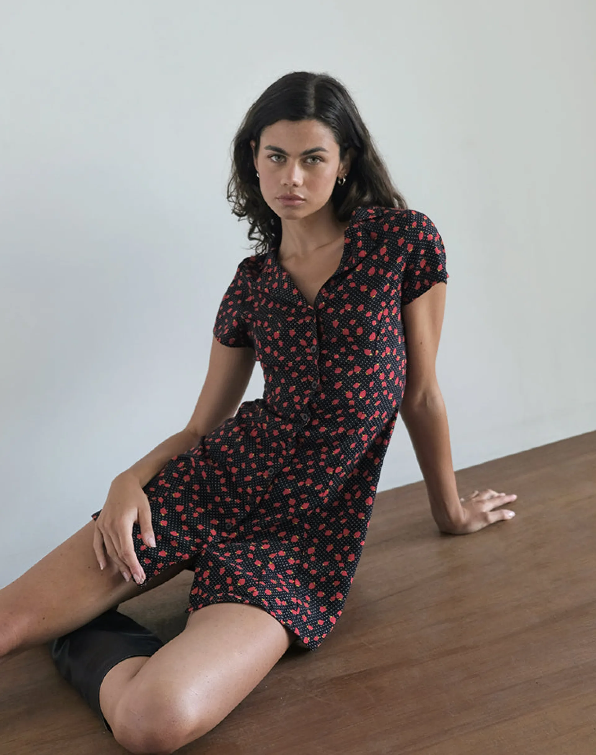 Motel Rocks Printed Dresses | Day Dresses-Holmana Mini Dress in Strawberry Polka Black