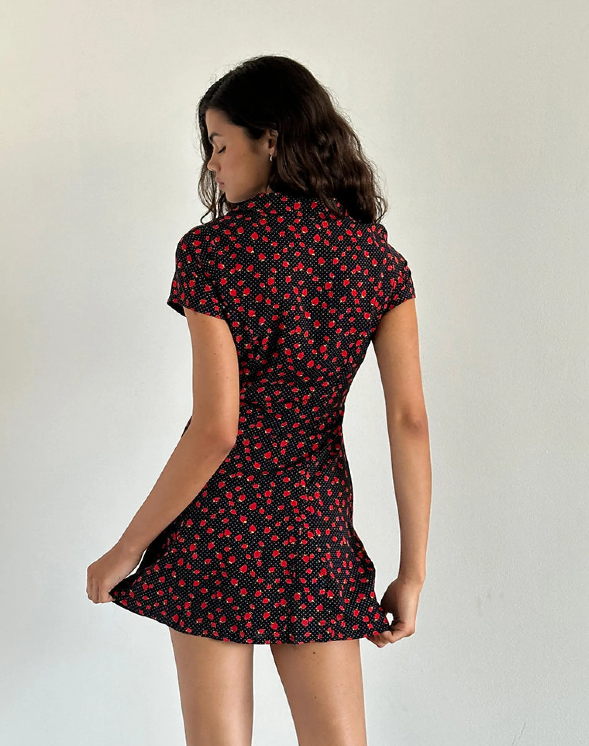 Motel Rocks Printed Dresses | Day Dresses-Holmana Mini Dress in Strawberry Polka Black
