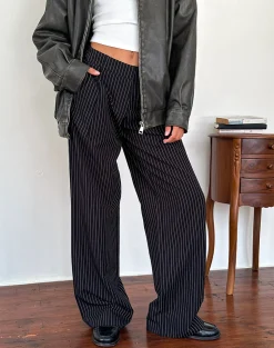 Motel Rocks Wide Leg Pants | Low Rise Pants-Hondra Trousers in Pinstripe Black PinstripeBlack