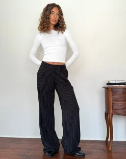 Motel Rocks Wide Leg Pants | Low Rise Pants-Hondra Trousers in Pinstripe Black PinstripeBlack
