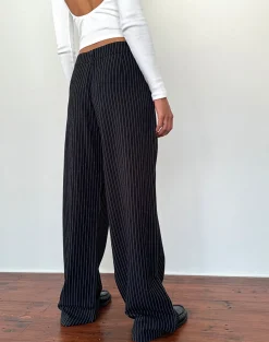 Motel Rocks Wide Leg Pants | Low Rise Pants-Hondra Trousers in Pinstripe Black PinstripeBlack