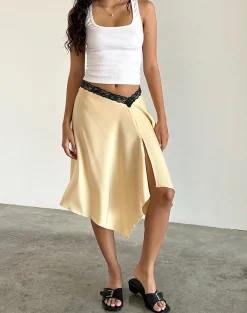 Motel Rocks Co-Ords | A Line Skirts-Houda Midi Skirt in Buttermilk with Grey Lace