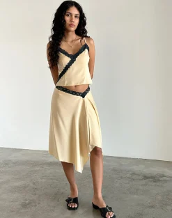 Motel Rocks Co-Ords | A Line Skirts-Houda Midi Skirt in Buttermilk with Grey Lace