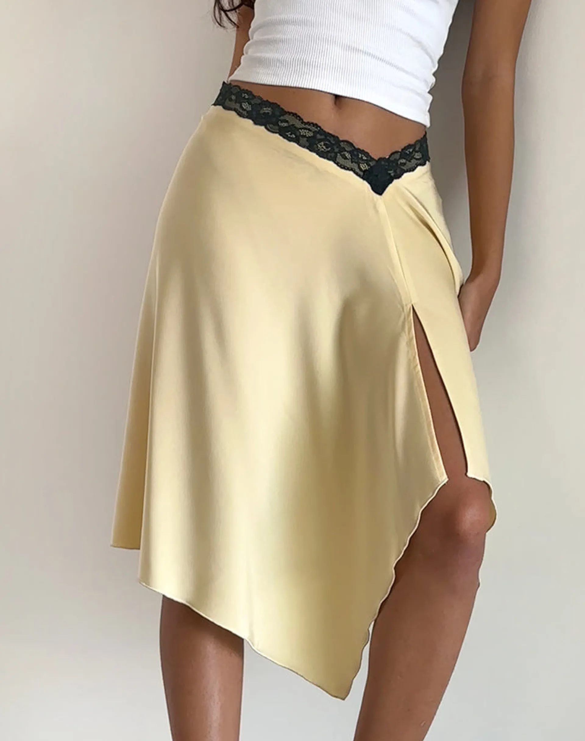 Motel Rocks Co-Ords | A Line Skirts-Houda Midi Skirt in Buttermilk with Grey Lace