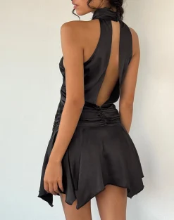 Motel Rocks Party Dresses | Mini Dresses-Hydri Satin Halterneck Mini Dress in Black