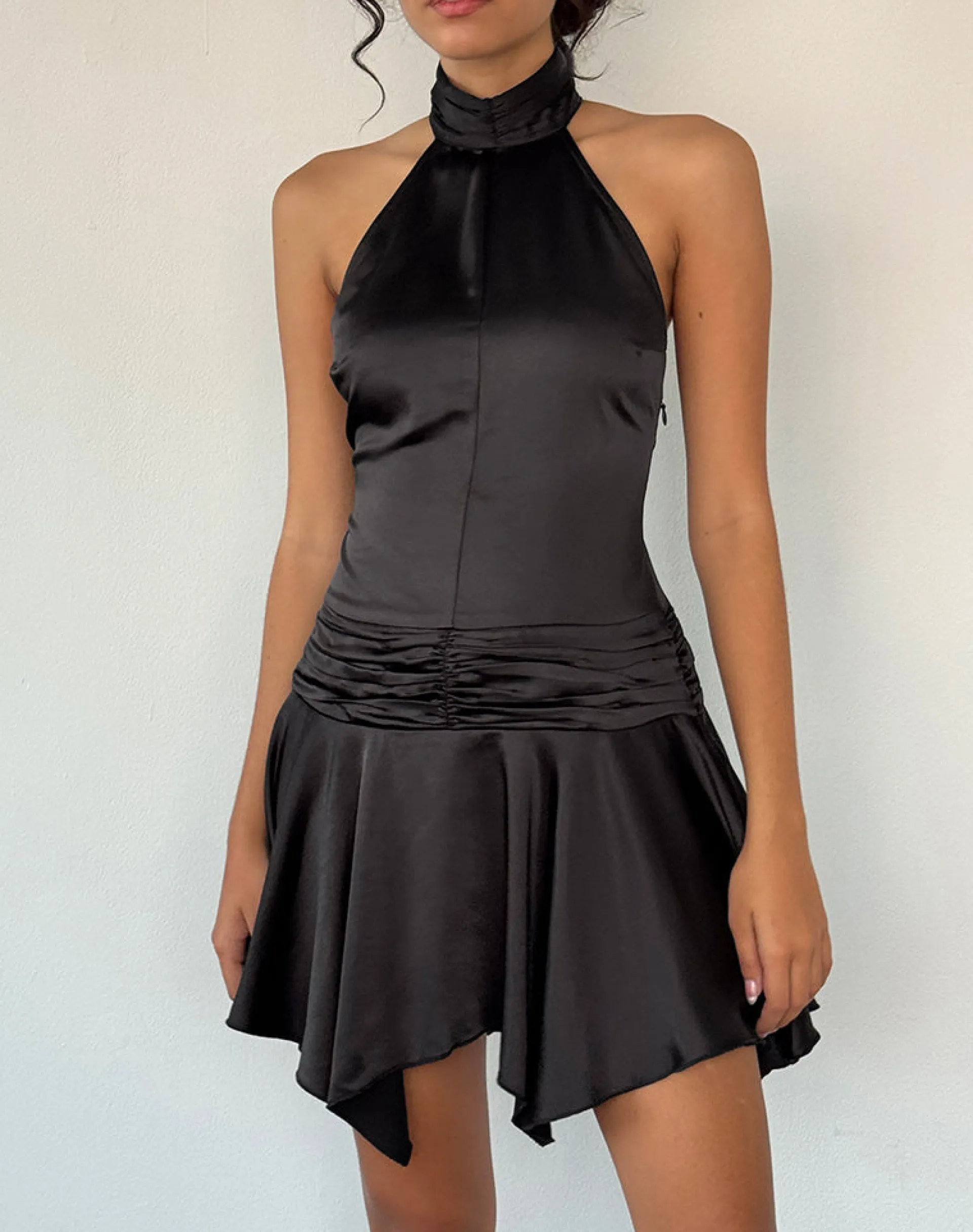 Motel Rocks Party Dresses | Mini Dresses-Hydri Satin Halterneck Mini Dress in Black