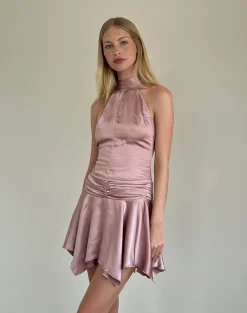 Motel Rocks Party Dresses | Mini Dresses-Hydri Satin Halterneck Mini Dress in Baby Pink BabyPink