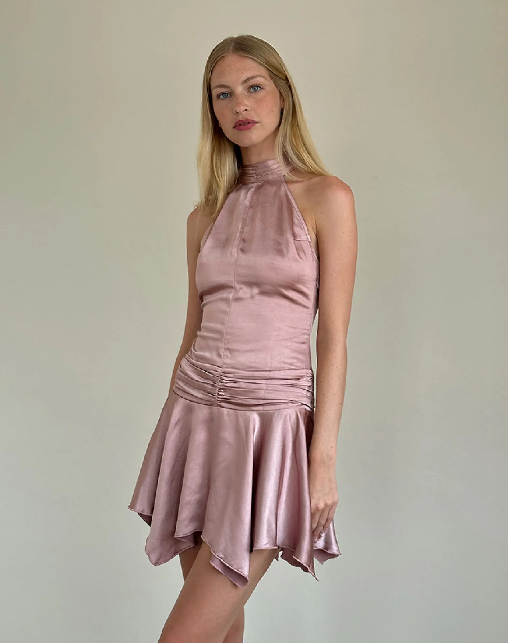Motel Rocks Party Dresses | Mini Dresses-Hydri Satin Halterneck Mini Dress in Baby Pink BabyPink