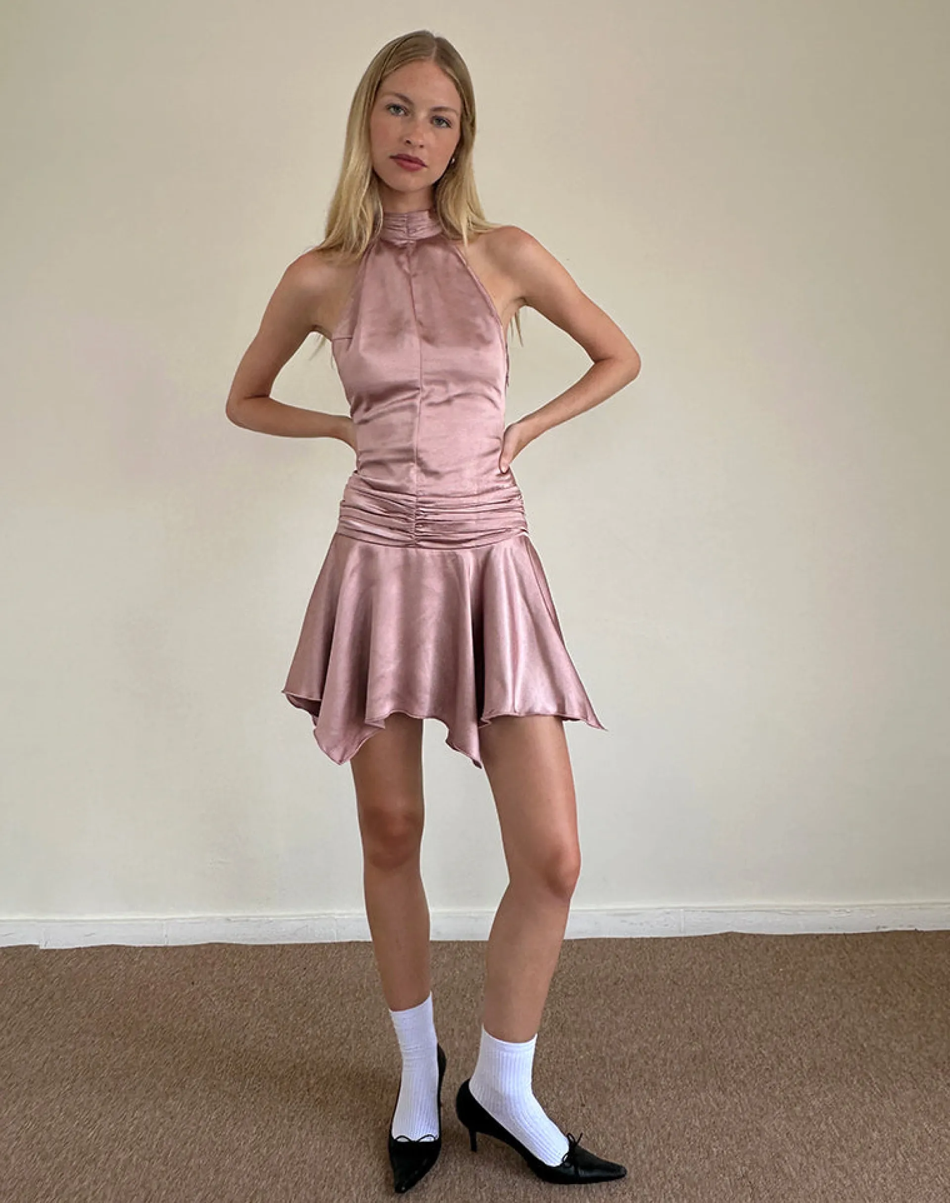 Motel Rocks Party Dresses | Mini Dresses-Hydri Satin Halterneck Mini Dress in Baby Pink BabyPink