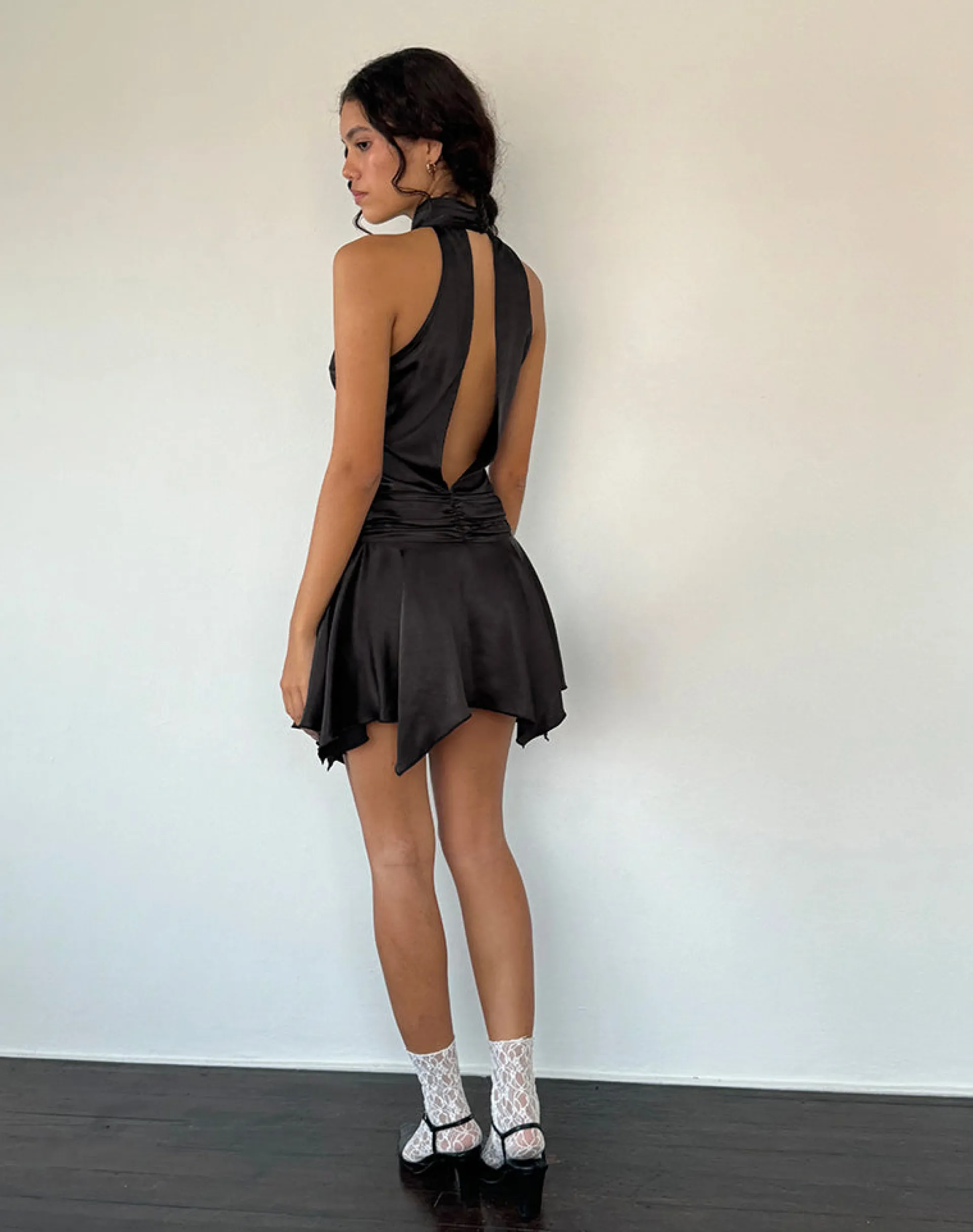 Motel Rocks Party Dresses | Mini Dresses-Hydri Satin Halterneck Mini Dress in Black