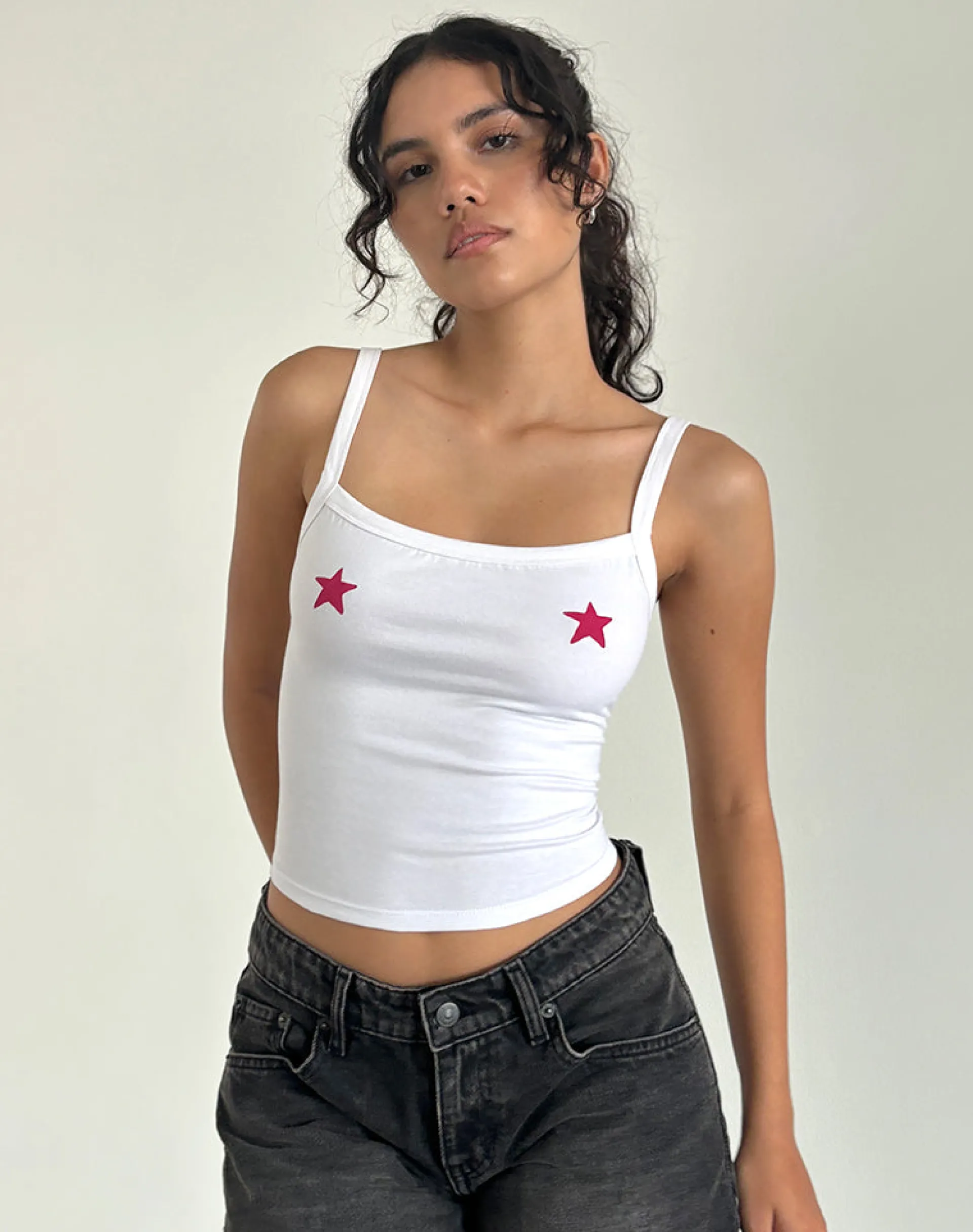 Motel Rocks Vest Tops | Strappy Tops-Icah Cami Top in White with Stars Placement WhitewithStarsPlacement