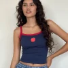 Motel Rocks Basic Tops | Vest Tops-Icah Pyjama Vest Top in Navy with Red Binding and Apple Motif NavywithRedBindingandAppleMotif