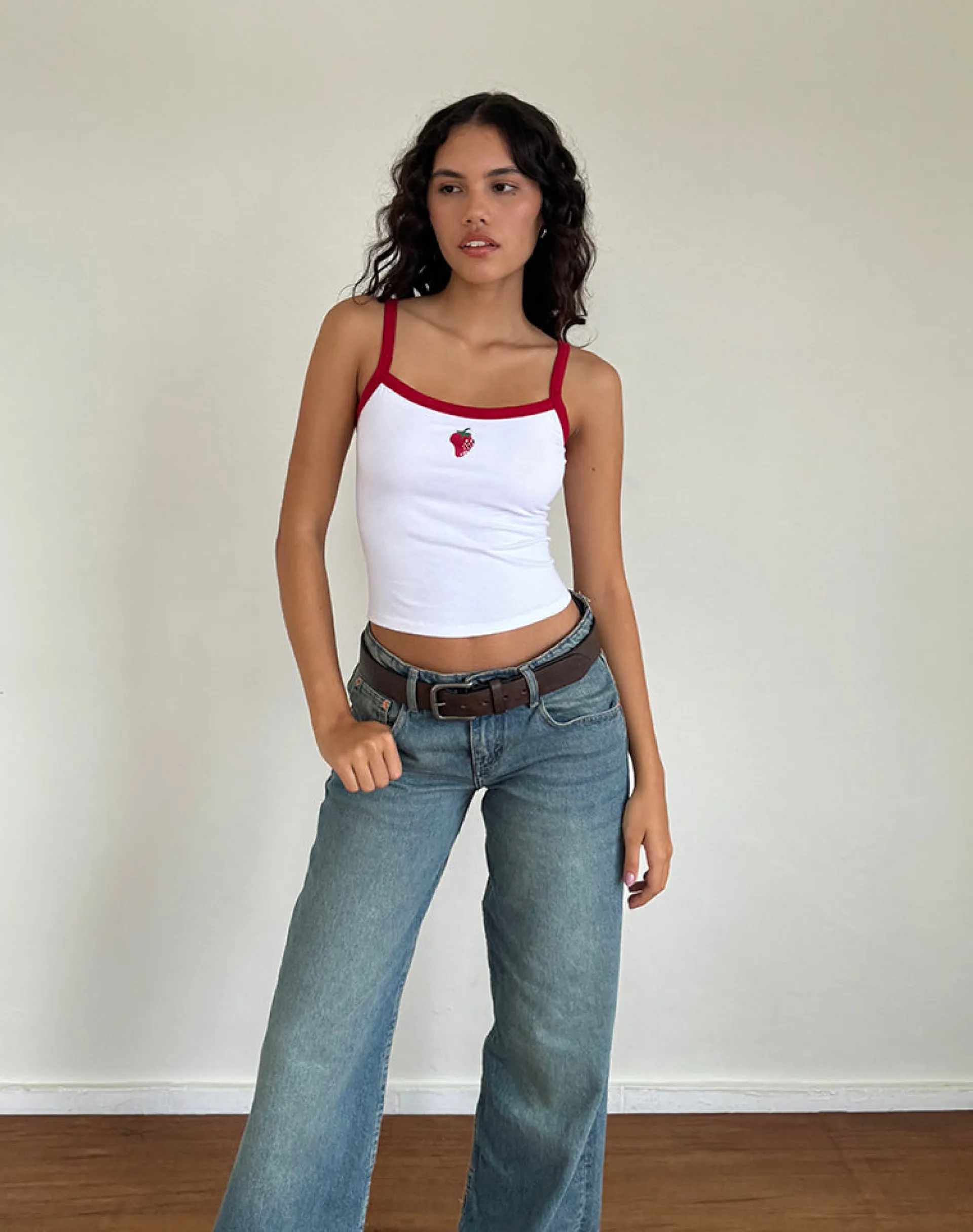 Motel Rocks Basic Tops | Vest Tops-Icah Vest Top in White with Red Binding and Strawberry WhitewithRedBindingandStrawberry