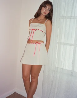 Motel Rocks Co-Ords | Pleated Skirts-Idalis Skort in Cream with Red Binding CreamwithRedBinding