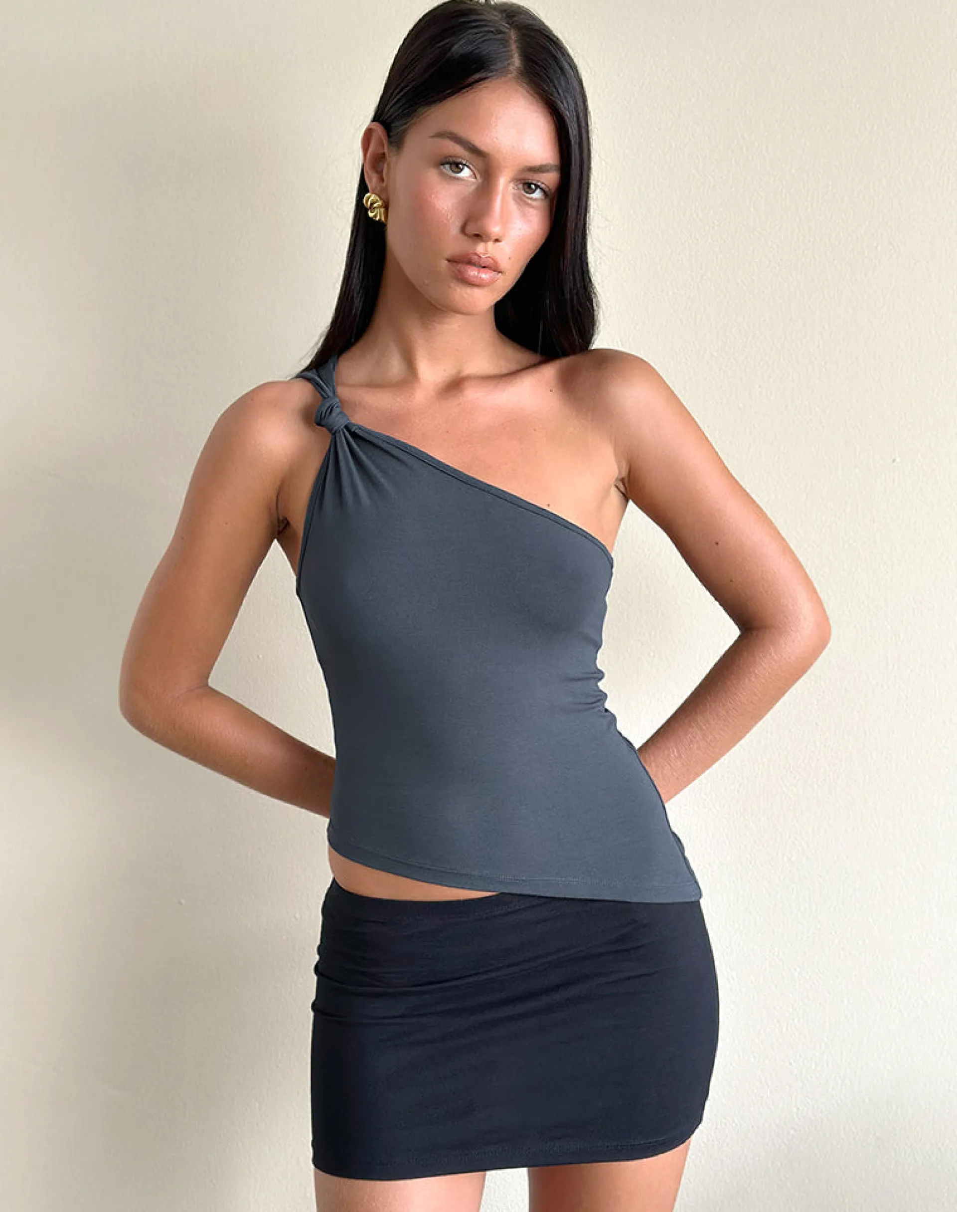 Motel Rocks Tailoring | Basic Tops-Idra Asymmetric Top in Ruched Jersey Ocean Storm