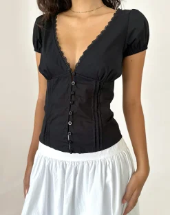 Motel Rocks Shirts And Blouses | Corset Tops-Ilias Corset Top in Poplin Black PoplinBlack