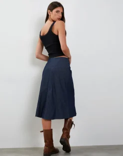 Motel Rocks Denim Skirts-Imbrella Denim Midi Skirt in Dark Indigo