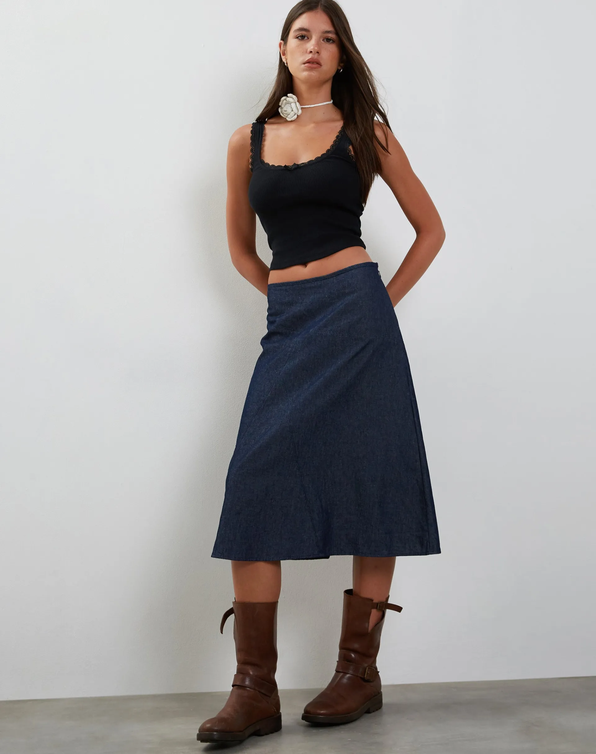 Motel Rocks Denim Skirts-Imbrella Denim Midi Skirt in Dark Indigo