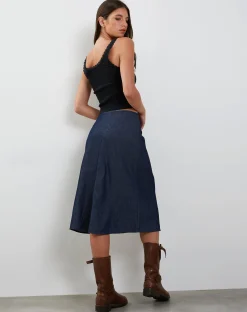 Motel Rocks Denim Skirts-Imbrella Denim Midi Skirt in Dark Indigo