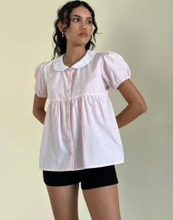 Motel Rocks Shirts And Blouses-Immy Top in Small Stripe Vertical Candy Pink SmallStripeVerticalCandyPink
