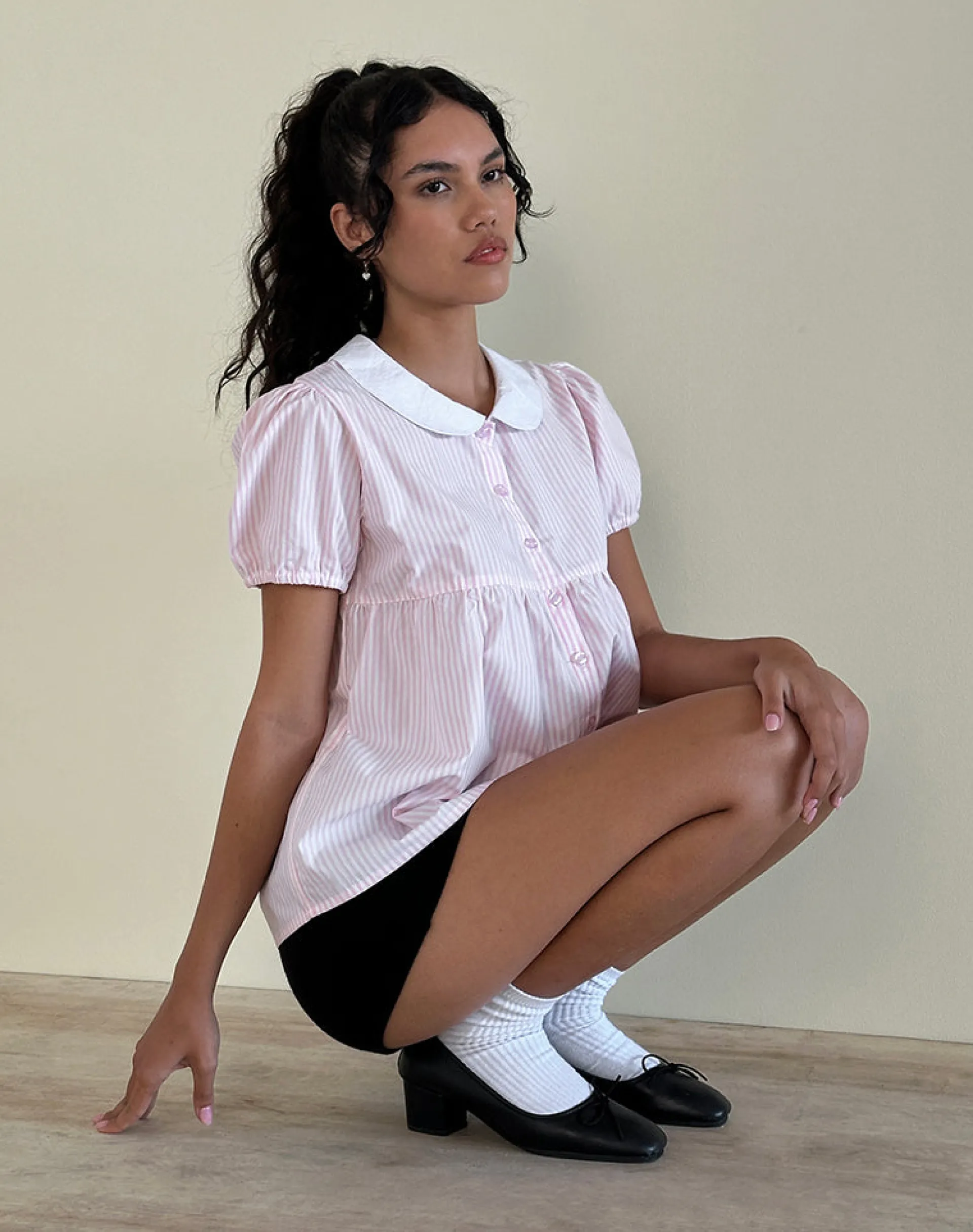 Motel Rocks Shirts And Blouses-Immy Top in Small Stripe Vertical Candy Pink SmallStripeVerticalCandyPink