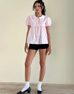 Motel Rocks Shirts And Blouses-Immy Top in Small Stripe Vertical Candy Pink SmallStripeVerticalCandyPink