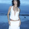 Motel Rocks Halterneck Tops-Inda Plunge Top in Jersey Ivory