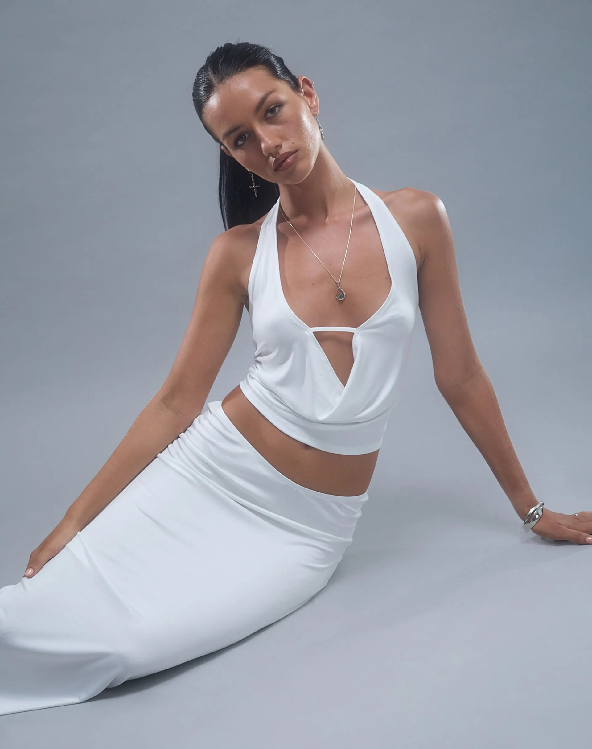 Motel Rocks Halterneck Tops-Inda Plunge Top in Jersey Ivory