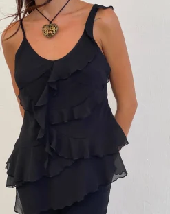 Motel Rocks Strappy Tops-Irama Asymmetric Ruffle Top in Black