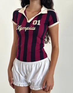 Motel Rocks Printed Tops | Tees-Isda Top in Plum, Navy and Stone Stripe with Olympics Slogan PlumNavyandStoneStripewithOlympicsSlogan