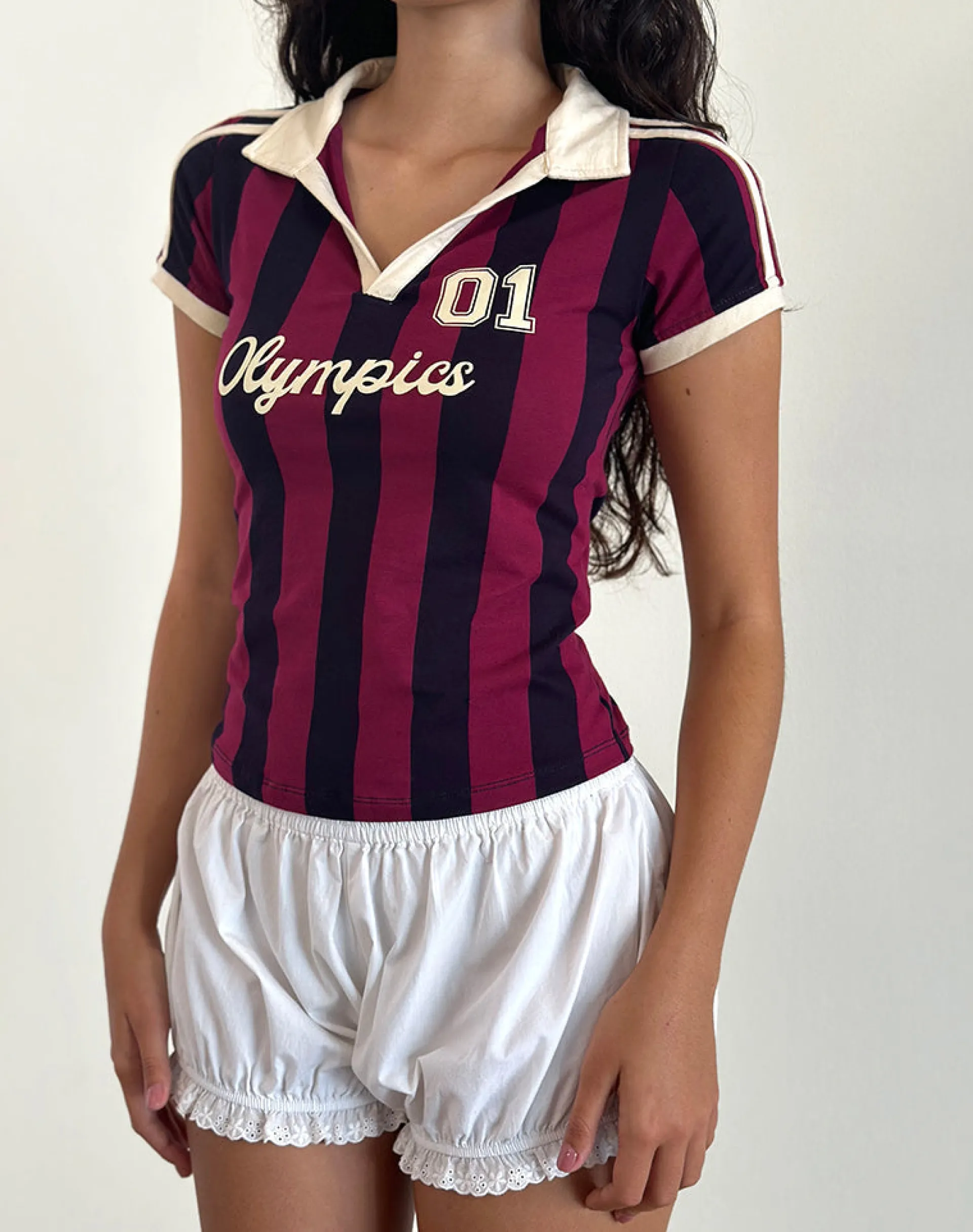 Motel Rocks Printed Tops | Tees-Isda Top in Plum, Navy and Stone Stripe with Olympics Slogan PlumNavyandStoneStripewithOlympicsSlogan