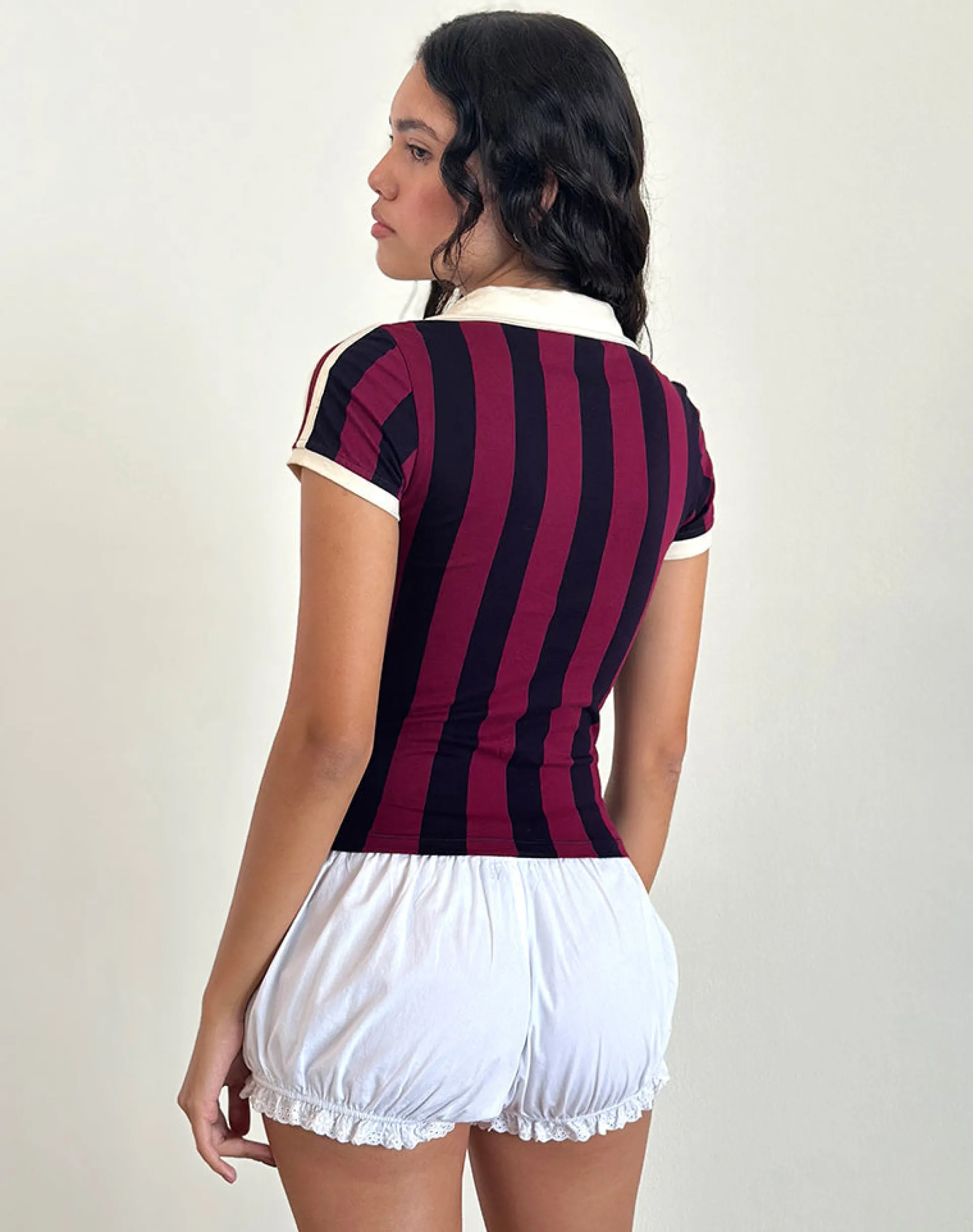 Motel Rocks Printed Tops | Tees-Isda Top in Plum, Navy and Stone Stripe with Olympics Slogan PlumNavyandStoneStripewithOlympicsSlogan