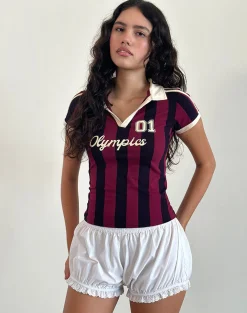 Motel Rocks Printed Tops | Tees-Isda Top in Plum, Navy and Stone Stripe with Olympics Slogan PlumNavyandStoneStripewithOlympicsSlogan
