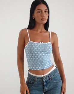 Motel Rocks Printed Tops | Strappy Tops-Isna Cami Top in Powder Blue XO Heart Print PowderBluewithXOHeart