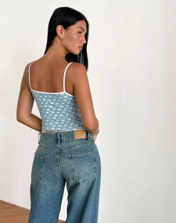 Motel Rocks Printed Tops | Strappy Tops-Isna Cami Top in Powder Blue XO Heart Print PowderBluewithXOHeart
