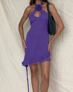 Motel Rocks Mini Dresses-Isobel Rosette Ruffle Mini Dress in Purple Chiffon