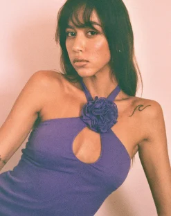Motel Rocks Mini Dresses-Isobel Rosette Ruffle Mini Dress in Purple Chiffon