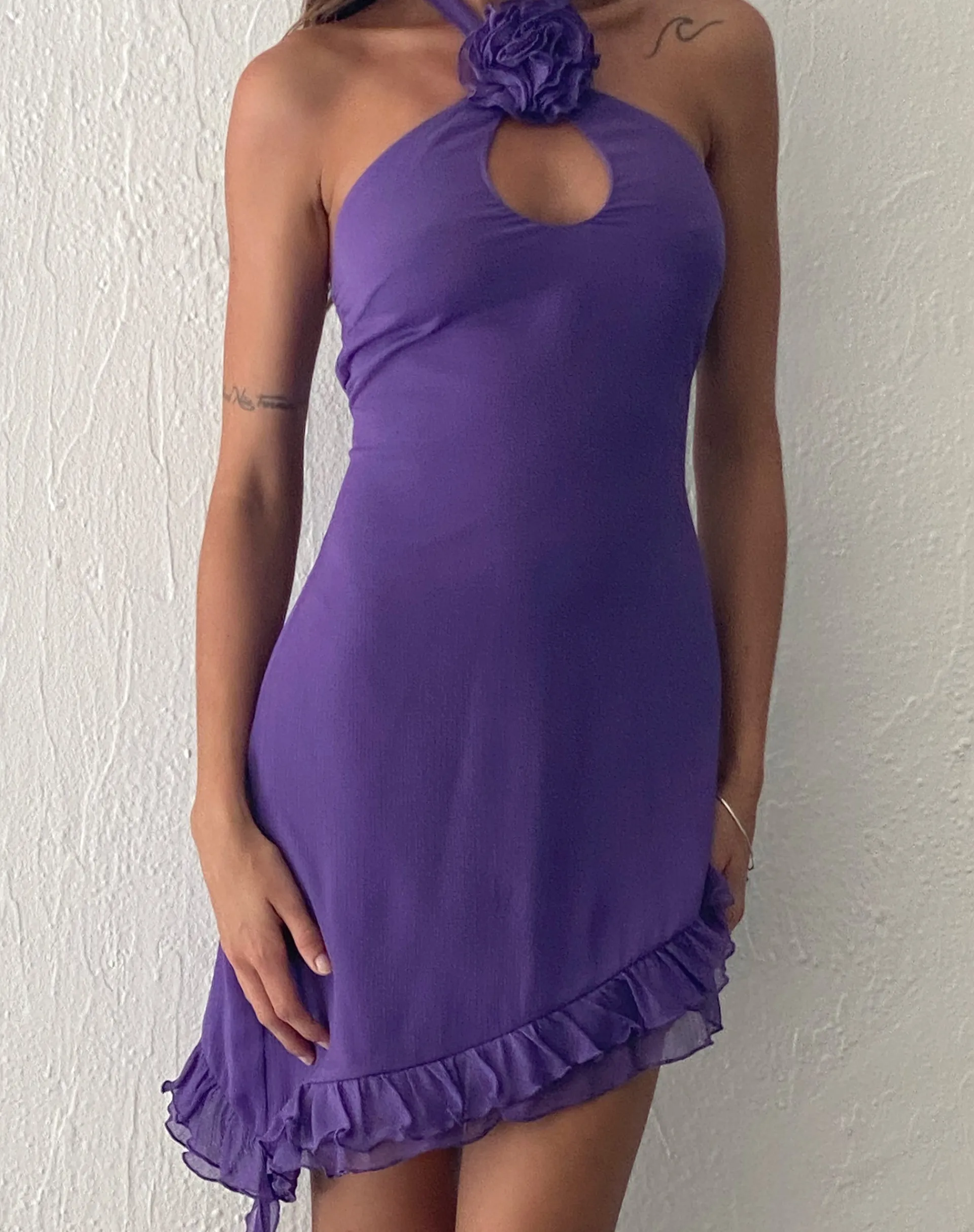 Motel Rocks Mini Dresses-Isobel Rosette Ruffle Mini Dress in Purple Chiffon